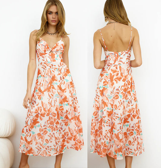 Dame A-linje Maxikjole med forførende U-udskæring og blomsterdesign Stilla