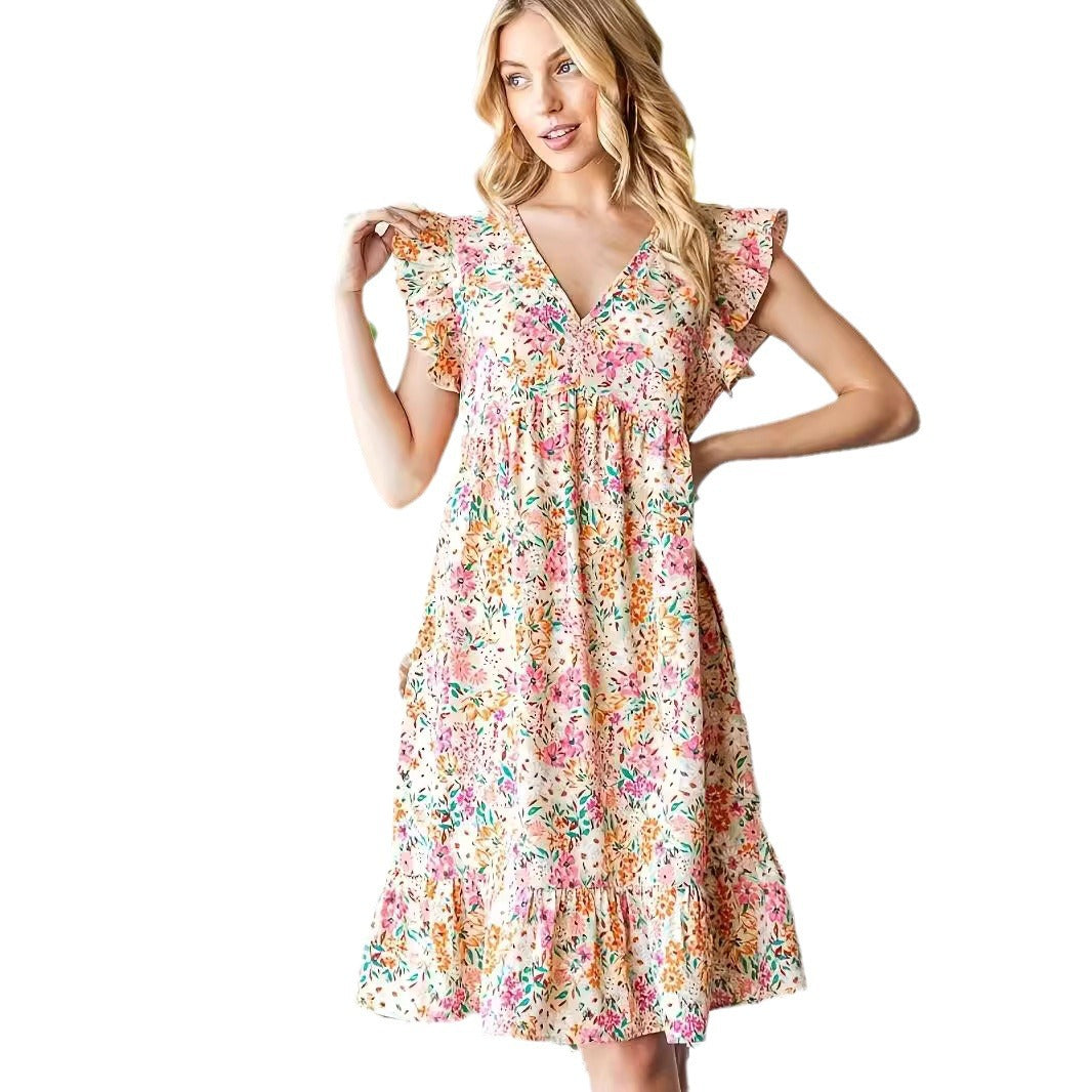 Dame Elegant blomstermønster sommerkjole med flæseudskæringer Stilla