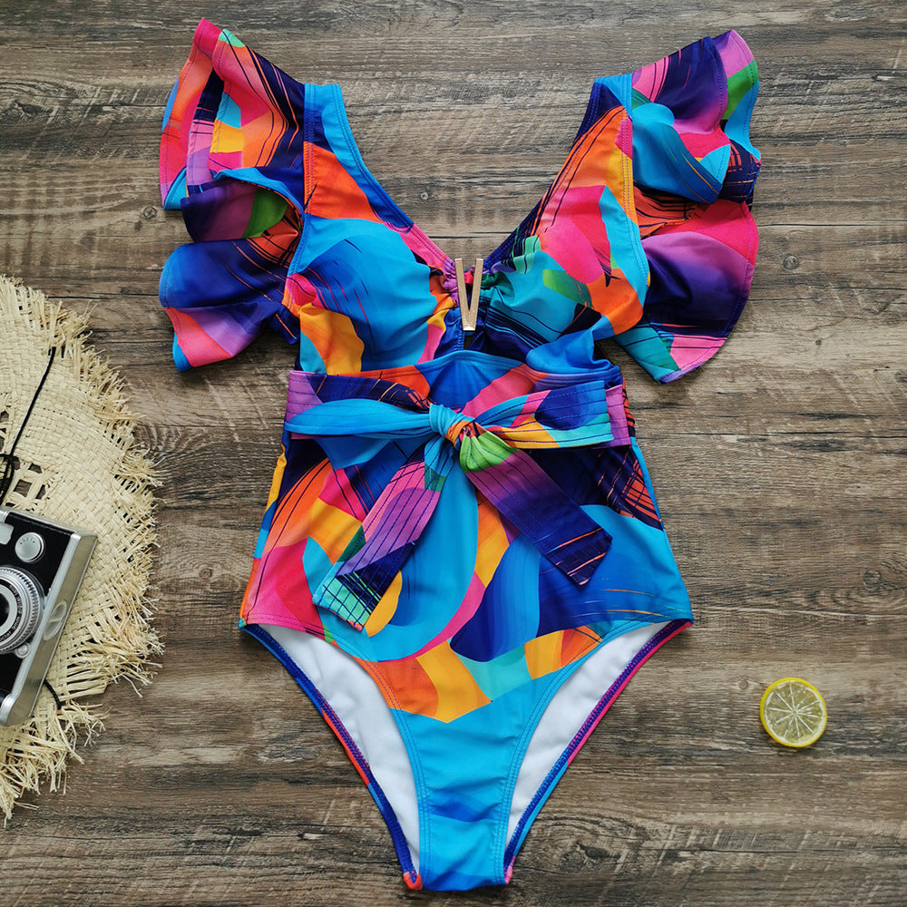 Dame elegant badedragt med vidunderlige flæser og stilbælte Stilla