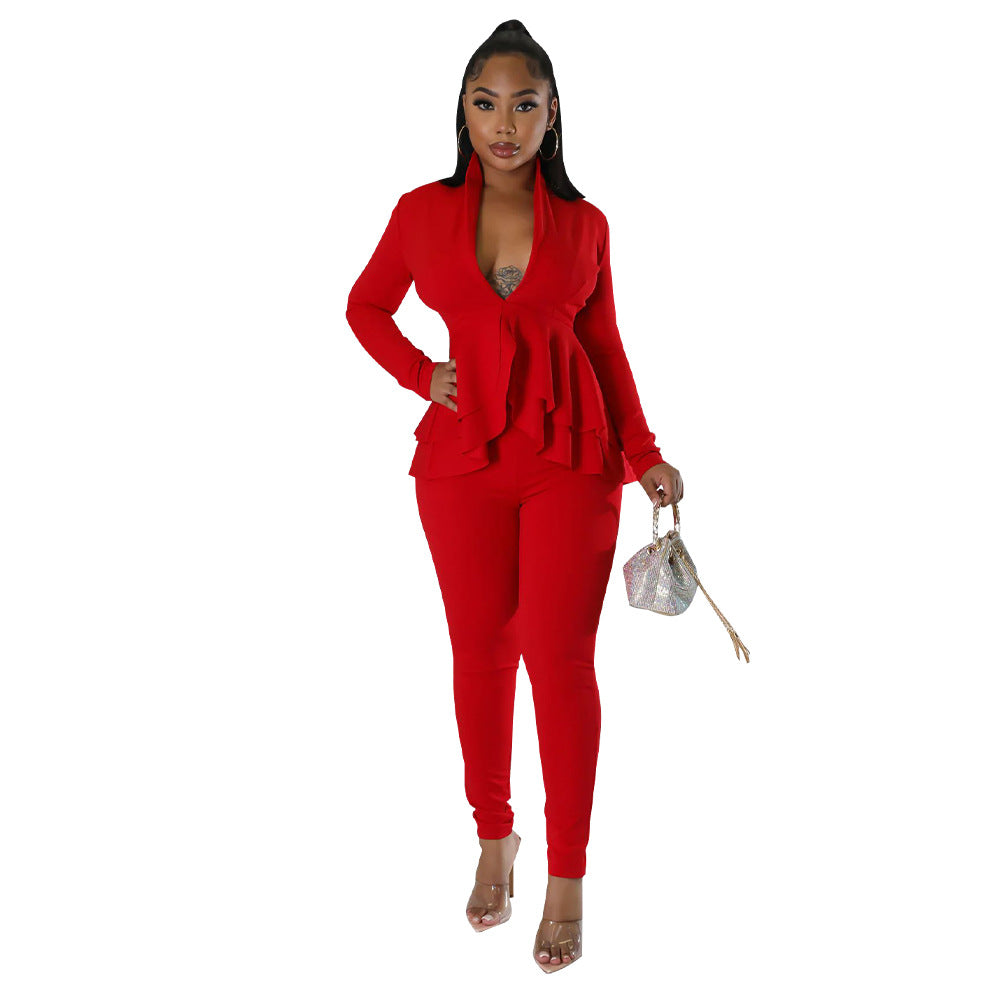 Dame elegant Jumpsuit med ruffles og dyb V-udskæring Stilla