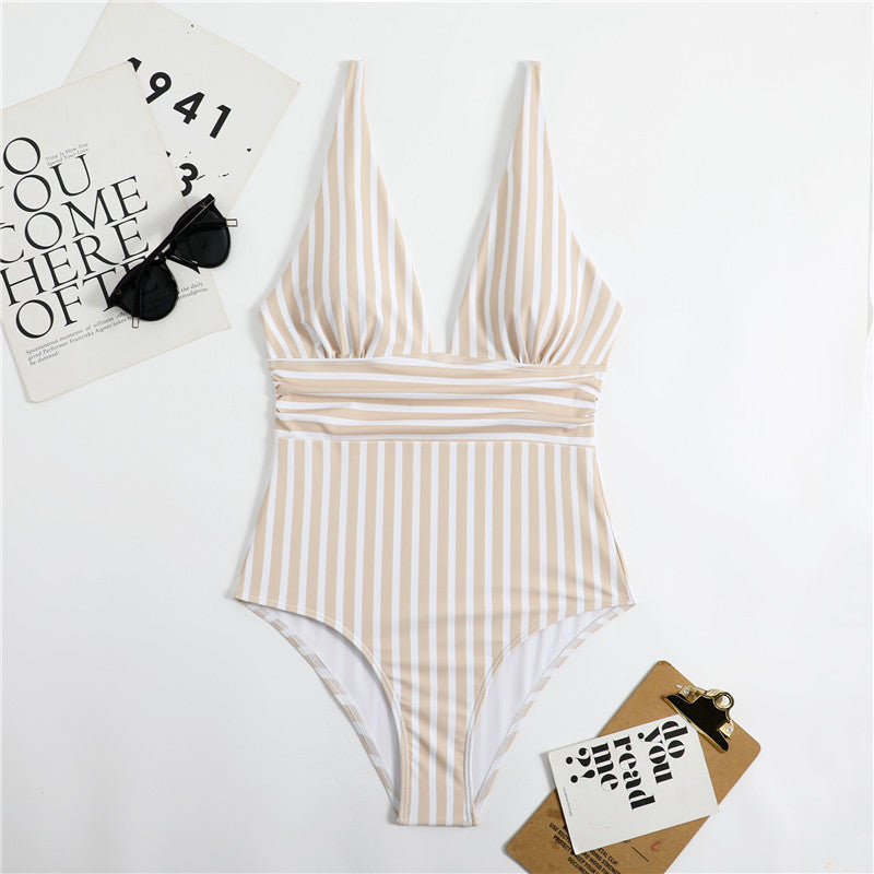 Dame hel jumpsuit badedragt med dyb V-hals og vertikale striber Stilla