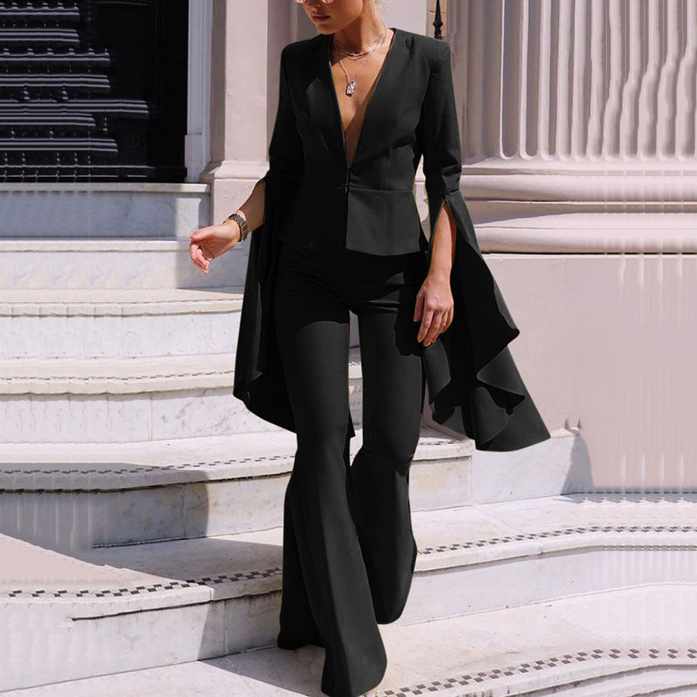 Dame Glamourøs Jumpsuit med voluminøse ærmer og dyb V-udskæring Stilla