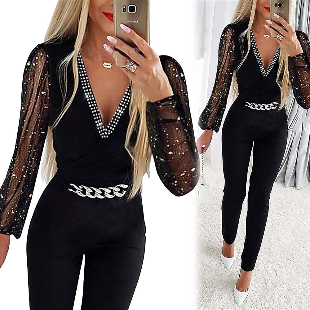 Dame Elegant Jumpsuit med glitrende ærmer og dyb V-udskæring Stilla