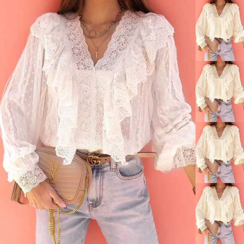 Dame elegant bluse med spetskant og flæsedetaljer Stilla