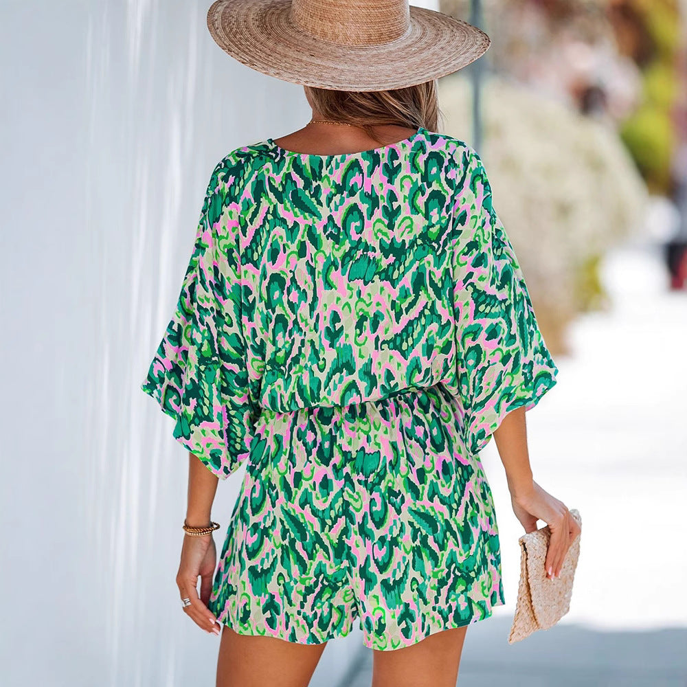 Dame afslappet kort overall med V-hals og bindebånd Stilla