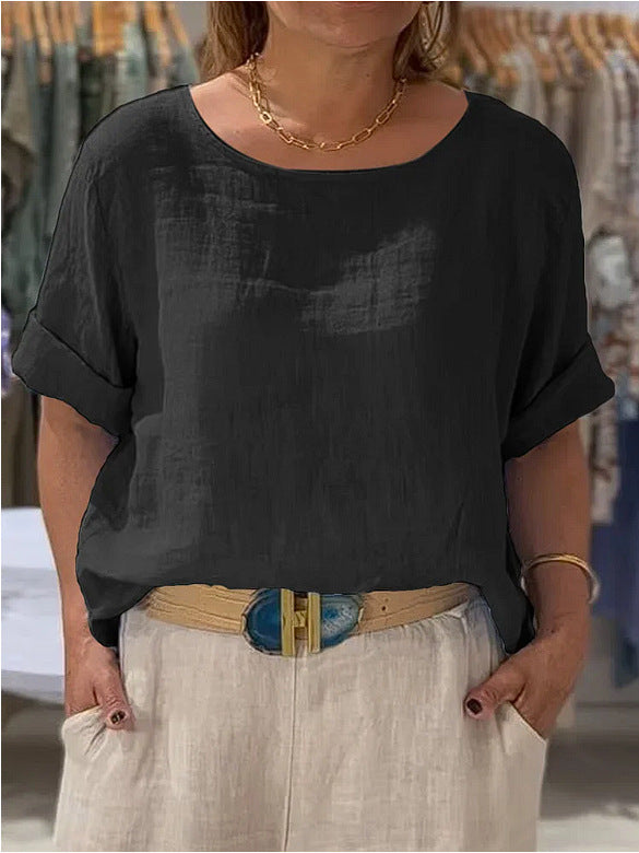 Dame afslappet linenbluse med omslagbare ærmer og elegant rundhalset udskæring Stilla