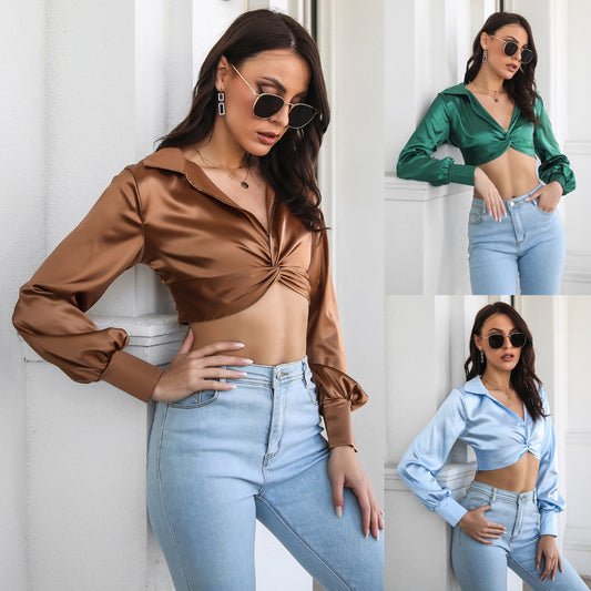 Dame cropped bluse med knudeformet design og voluminøse ærmer Stilla