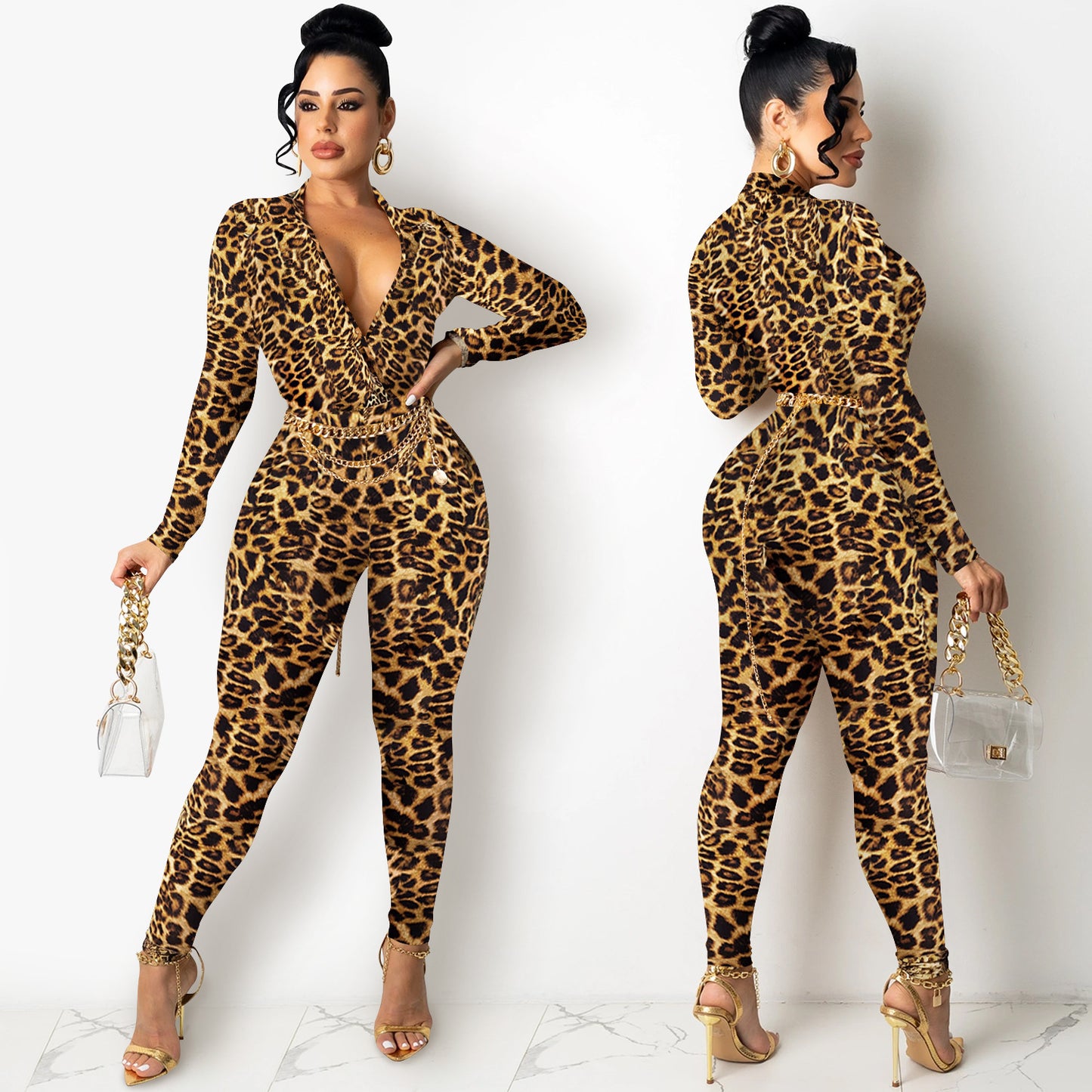 Dame elegant gulvlængde jumpsuit med slangetryk og dyb V-hals Stilla