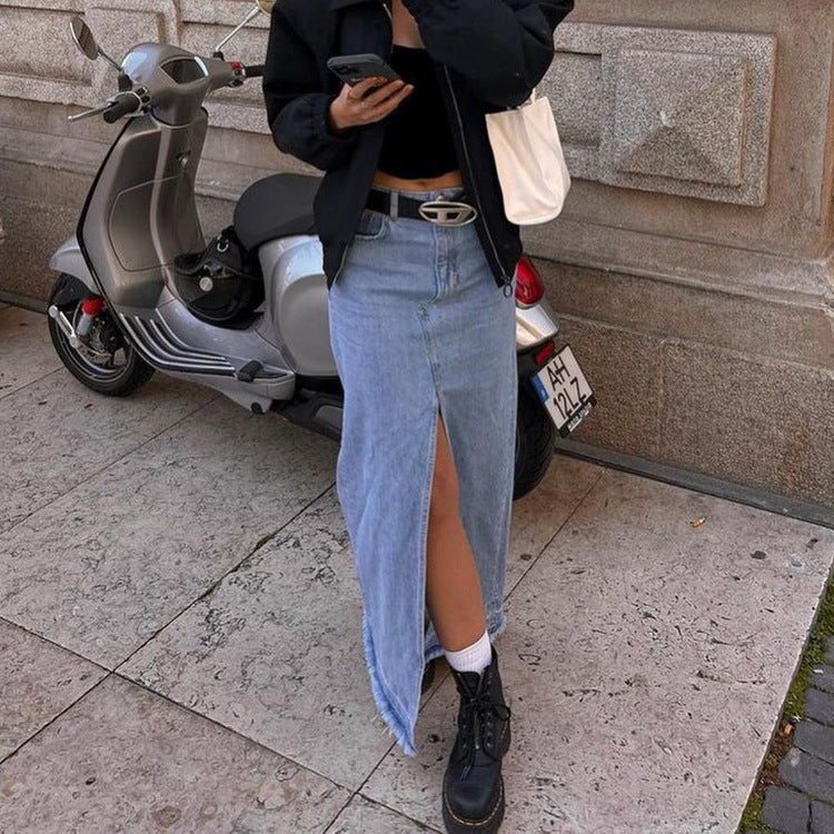 Dame Denim Maxiskørt med sidelæg og høj talje Stilla