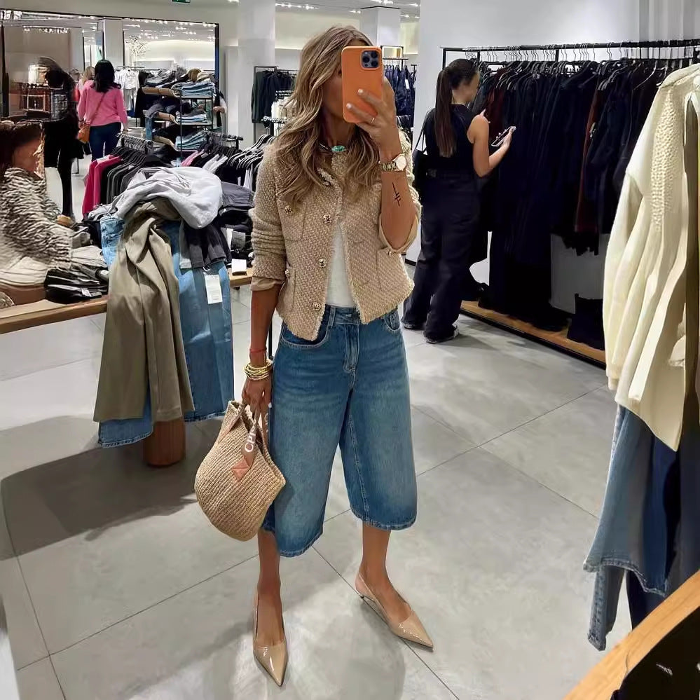 Dame elegant Bouclé-jakke med gennemgående knaplukning og dekorative lommer Stilla