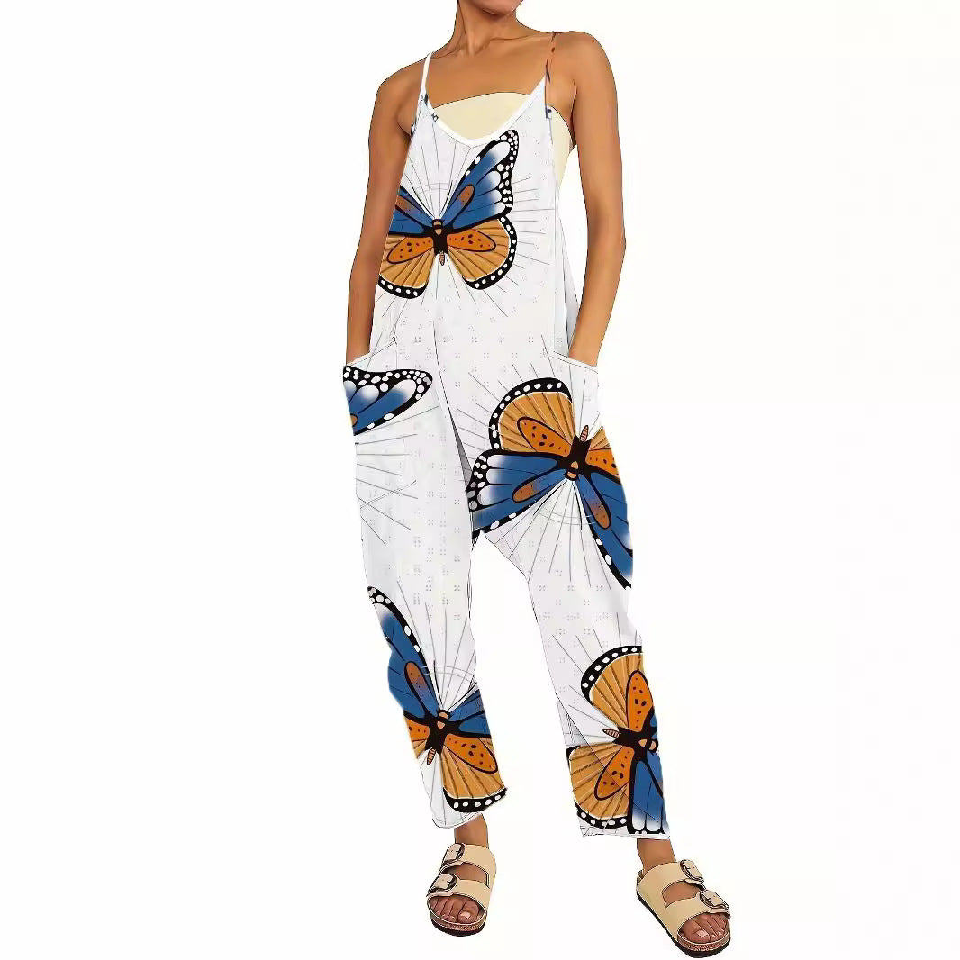 Dame jumpsuit med iøjnefaldende sommerfugledesign og praktiske lommer Stilla