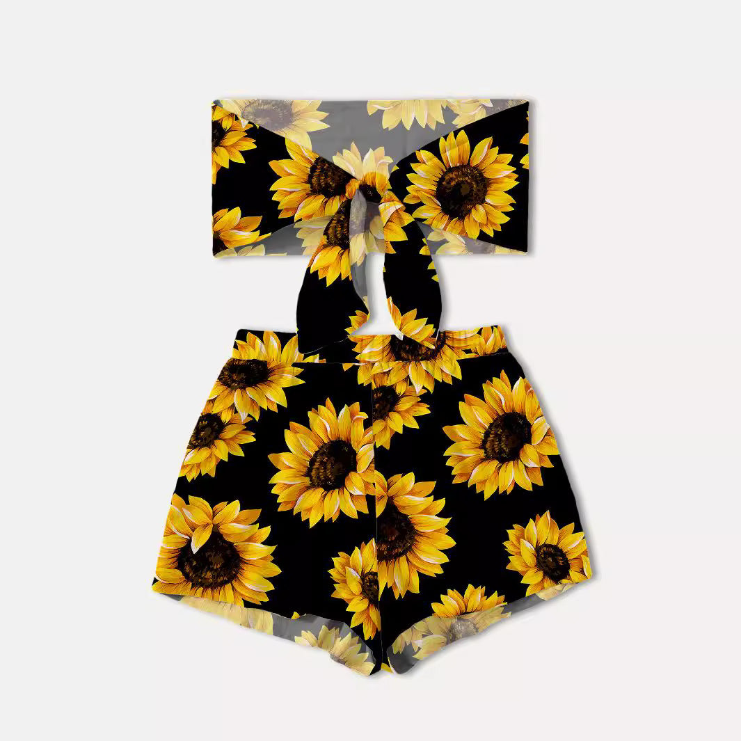 Dame Crop-Top og Shorts Sæt med Solsikke-mønster Stilla