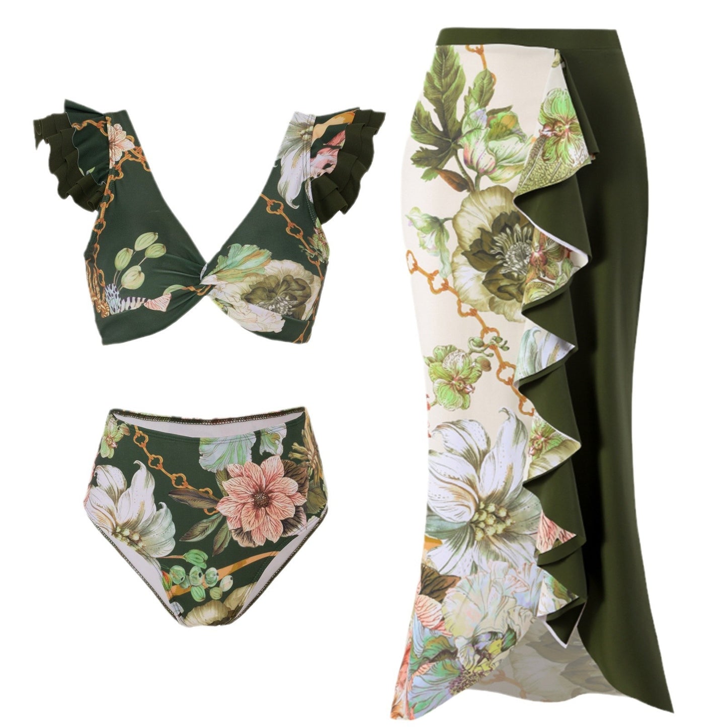 Dame bikini-sæt med elegant volang-overdel og trykt maxi-nederdel Stilla