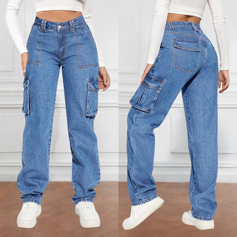 Dame Cargo Jeans med høje sidelommer og elastisk kant Stilla