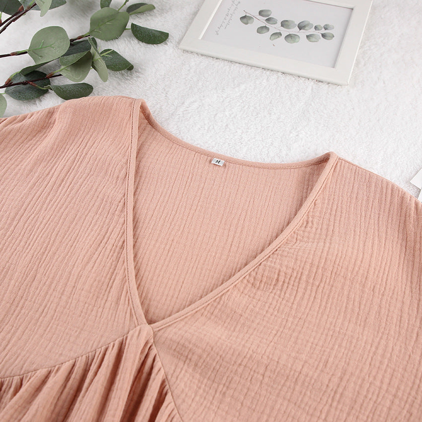 Dame afslappet midi-kjole med dyb V-udskæring og ballonformede ærmer Stilla