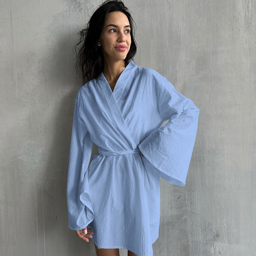 Dame elegant Kimono-kåbe med bred ærme og taljebælte Stilla