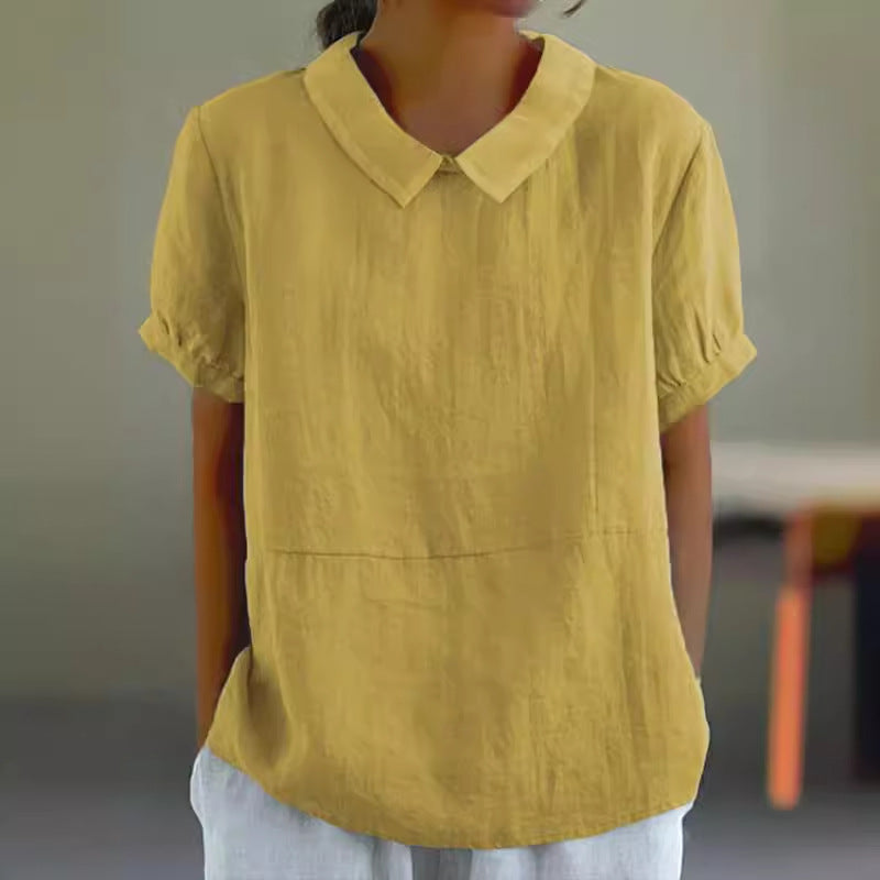 Dame afslappet bluse i let hørstof med elegante kraver Stilla