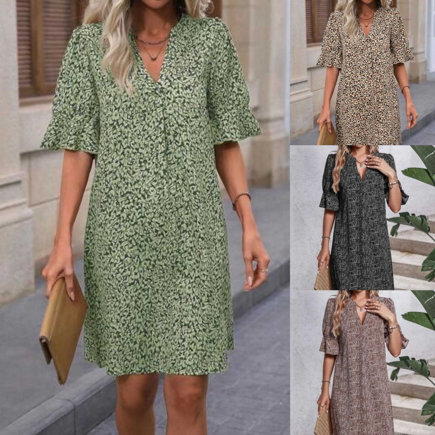 Dame afslappet blomsterkjole med V-udskæring og udstrakte ærmer Stilla