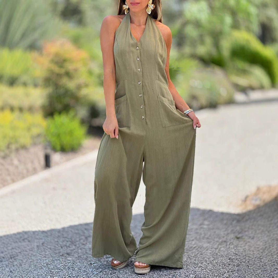 Dame jumpsuit med knapliste og vide ben Stilla