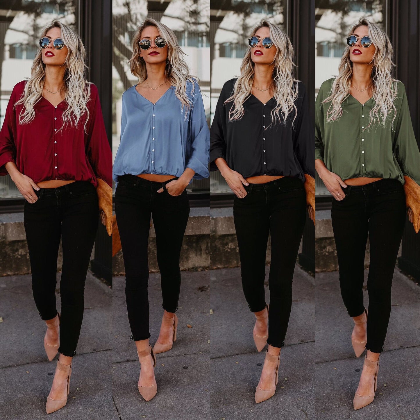 Dame afslappet bluse top med V-hals og knapdetaljer Stilla