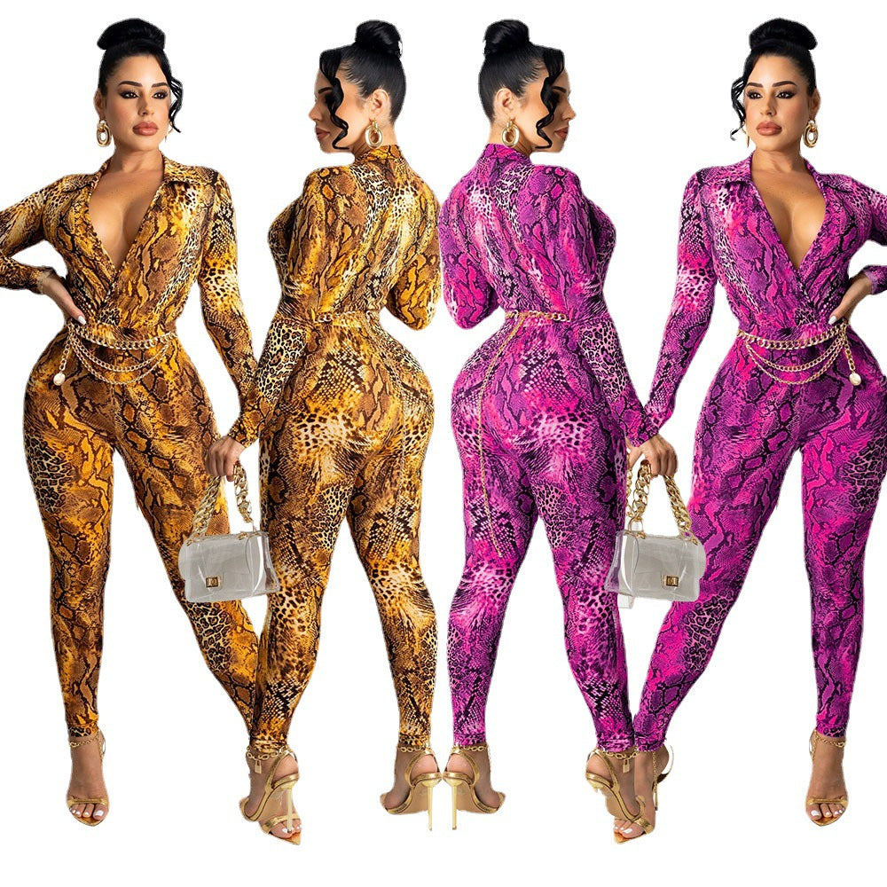 Dame Slangeprint Langærmet Bodysuit Jumpsuit Stilla