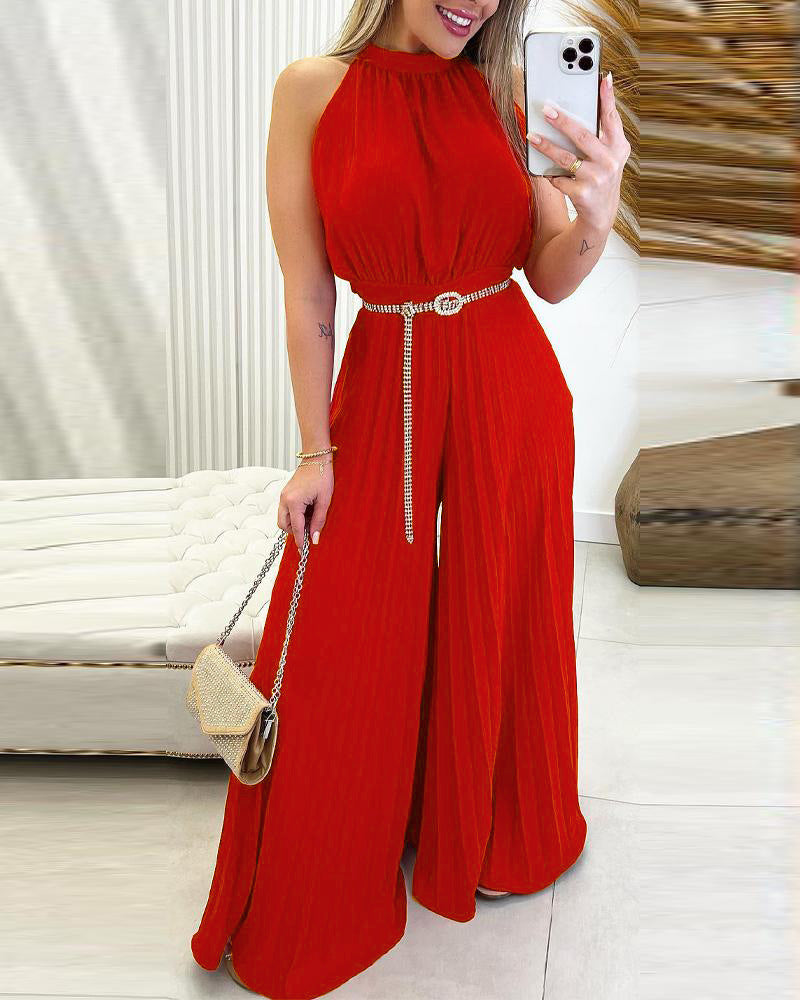 Dame Elegant Jumpsuit med bredt ben og taljebælte Stilla