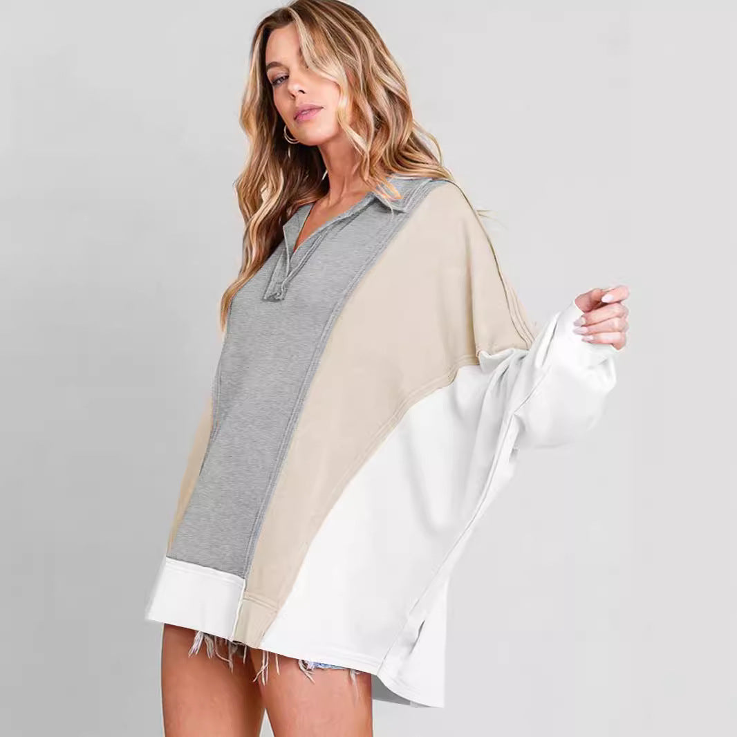Dame afslappet oversized Sweatshirt med lynlås og farverigt patchwork-design Stilla