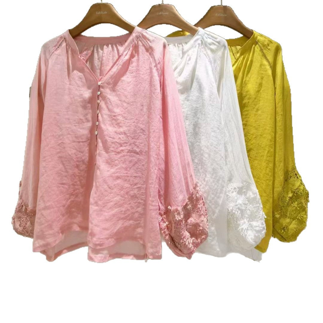 Dame Elegant Bluse med Blonder og Knapper Stilla