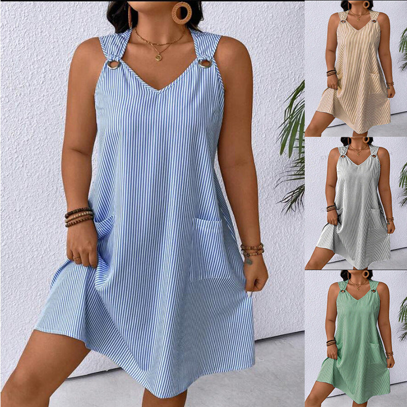 Dame afslappet A-linje kjole med V-hals og praktiske lommer Stilla