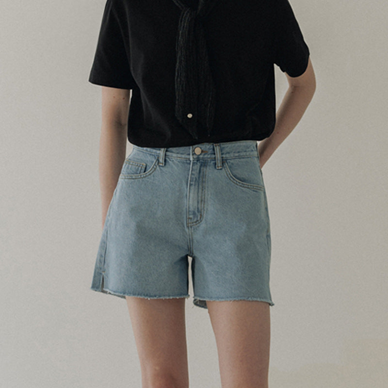 Dame Denim Shorts med høj talje og frynset kant Stilla