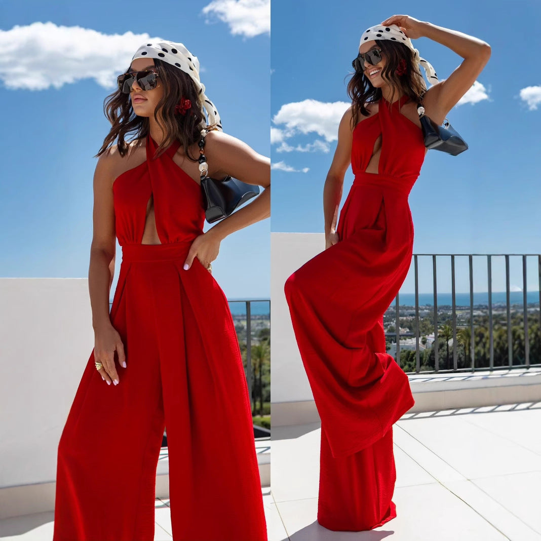 Dame Halterneck Cut-Out Bredbenet Jumpsuit Stilla