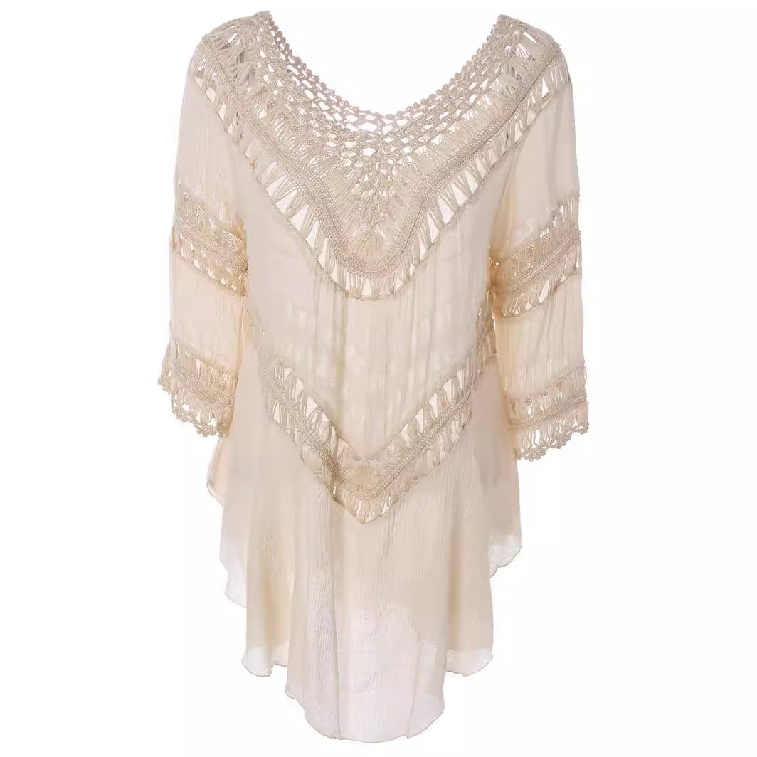 Dame afslappet strandtunika med elastiske hæklede udsmykninger Stilla