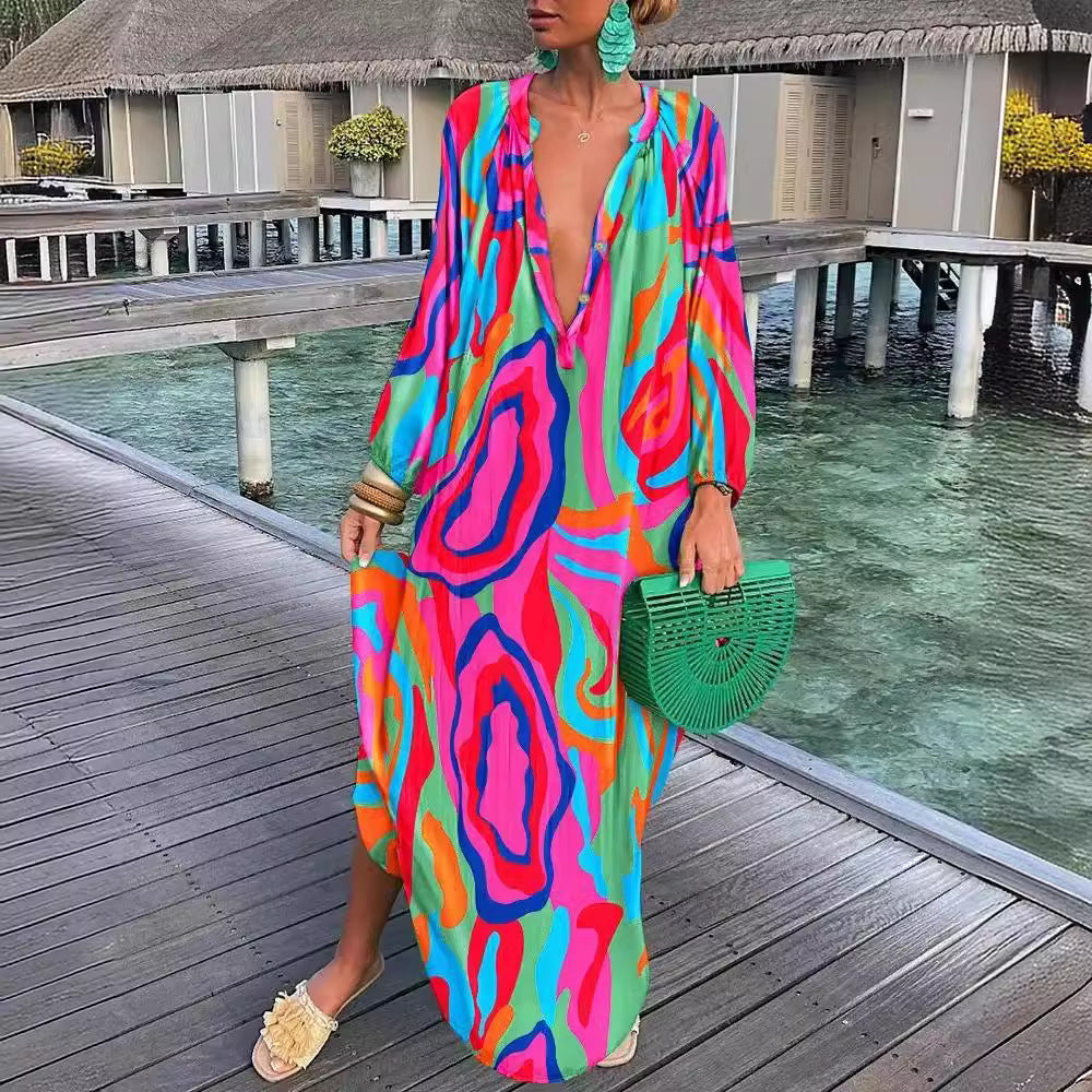 Dame afslappet strandkjole med dyb V-hals og moderne mønstre Stilla