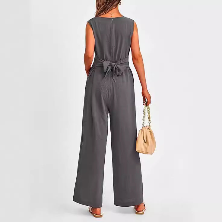 Dame Elegant Jumpsuit med Taljebælte og V-Udskæring Stilla