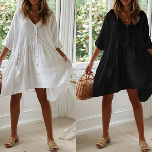 Dame afslappet skjortekjole i åndbart bomulds materiale med knaplukning og praktiske lommer Stilla