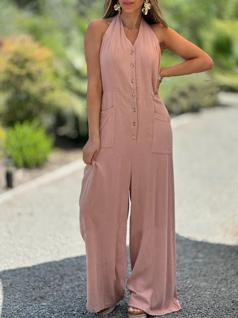 Dame jumpsuit med knapliste og vide ben Stilla