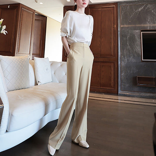 Dame elegant bluse med pufærmer og smalle jakkesætsbukser Stilla