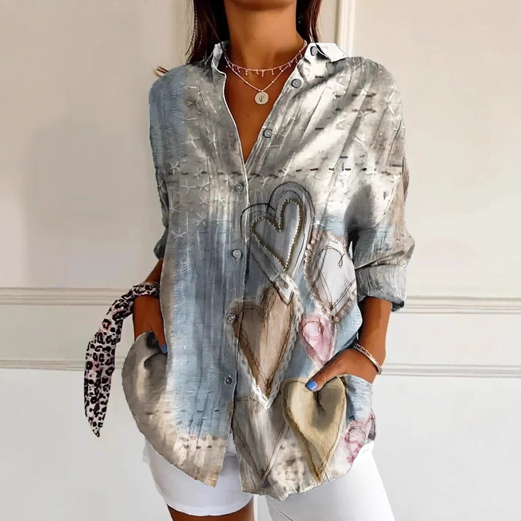 Dame afslappet bluse med farverigt freds-motiv og eksklusiv stof Stilla