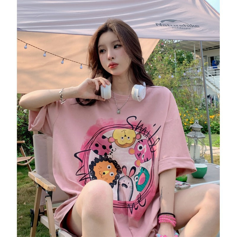 Dame oversized T-shirt med kreativ dyreprint og afslappet snit Stilla