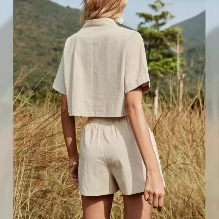 Dame afslappet kortærmet sæt med elastisk talje og praktiske lommer Stilla