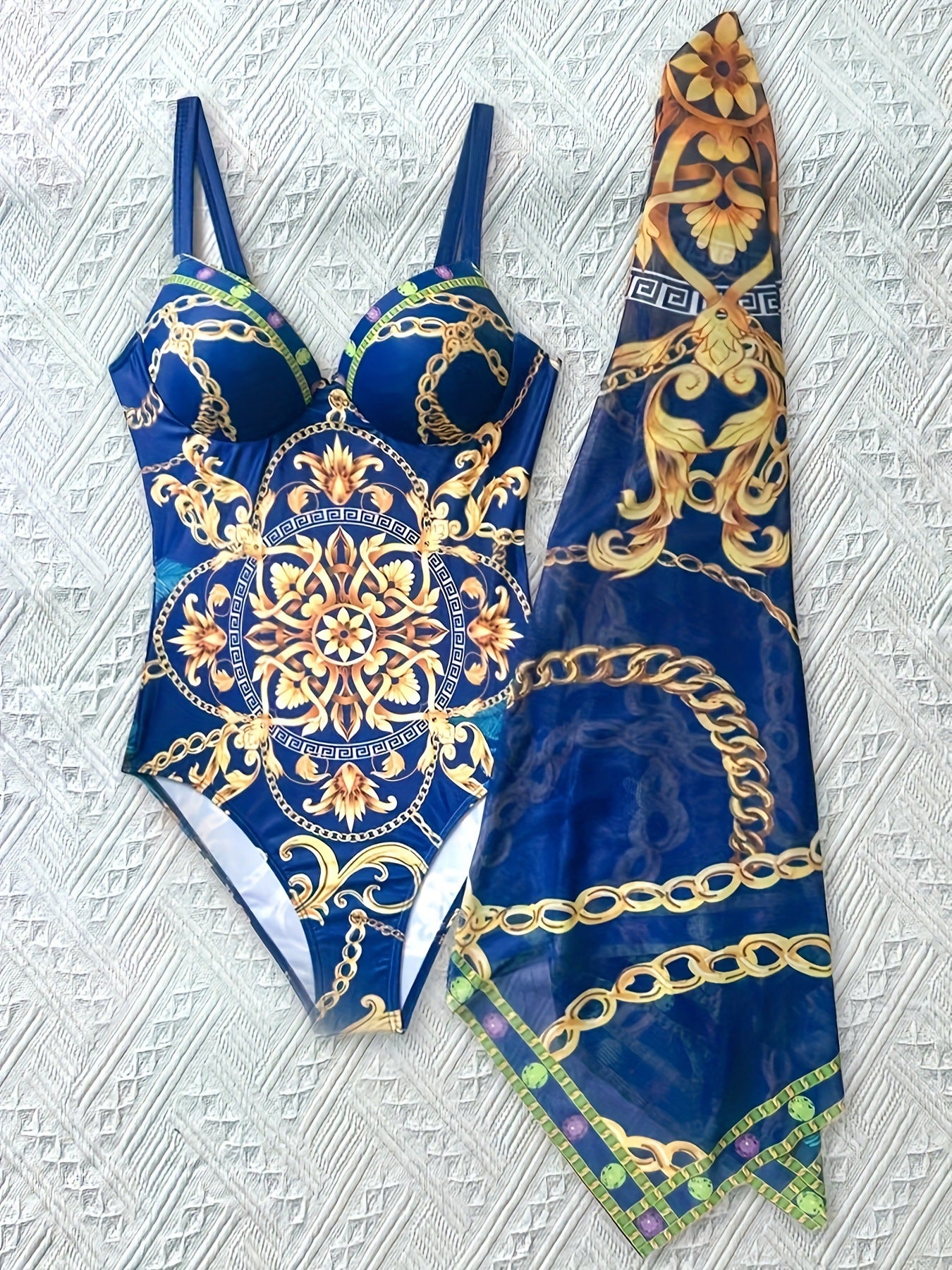 Dame Elegant Éntøj Badedragt med modige dekorationer og matchende tørklæde Stilla