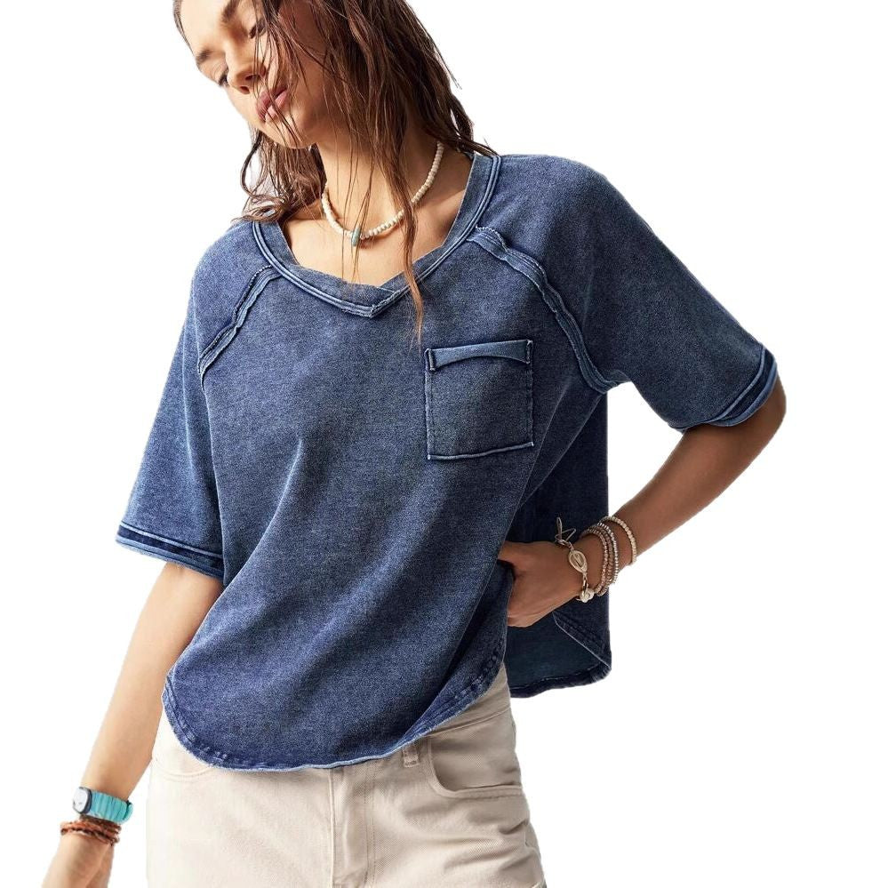 Dame afslappet oversized V-hals T-shirt med brystlomme Stilla