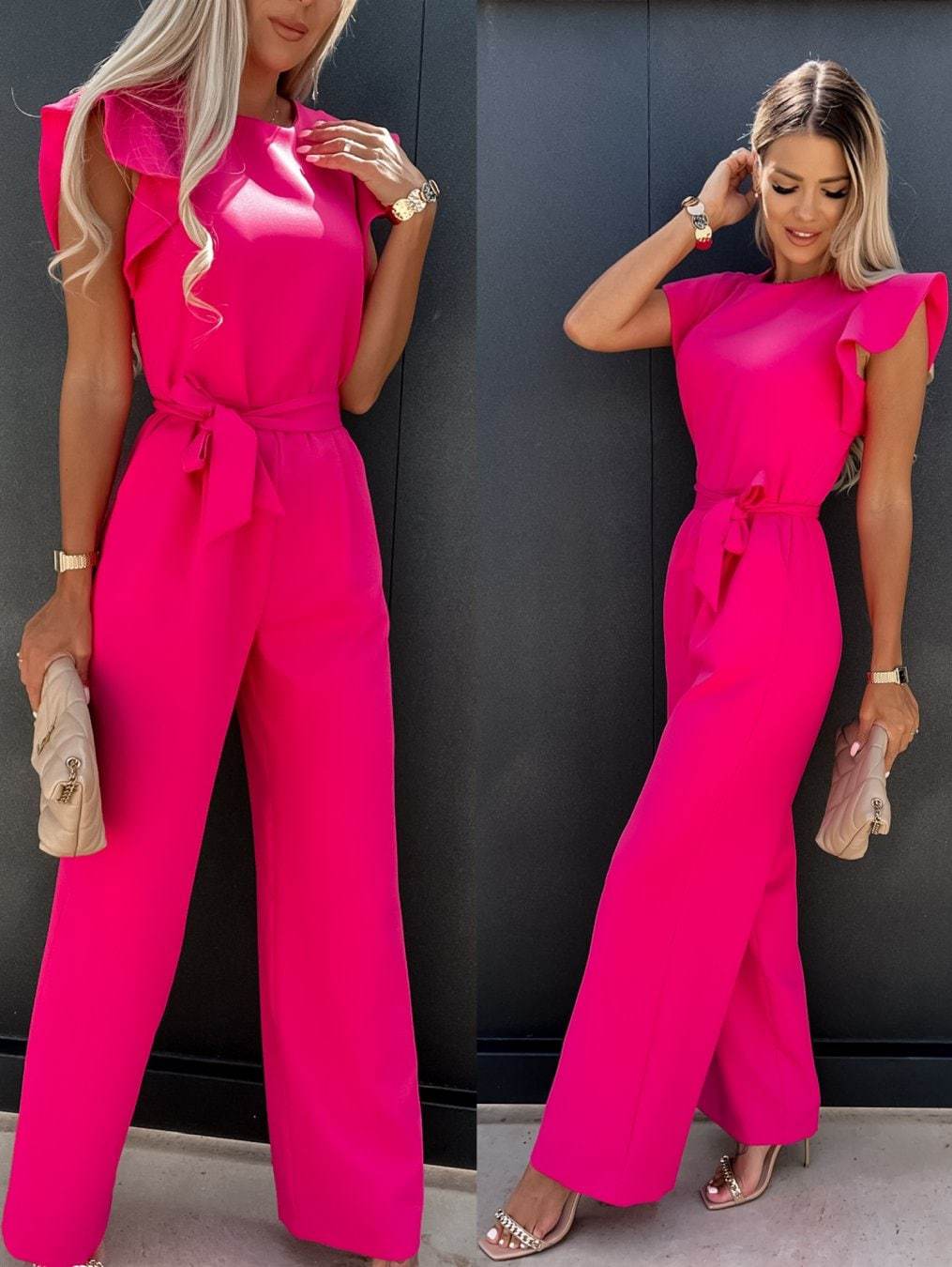 Dame elegant jumpsuit med volantærmer og taljebælte Stilla
