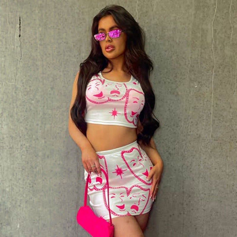 Dame Crop-Top og Nederdel Sæt med kreativt Teater-tryk Stilla