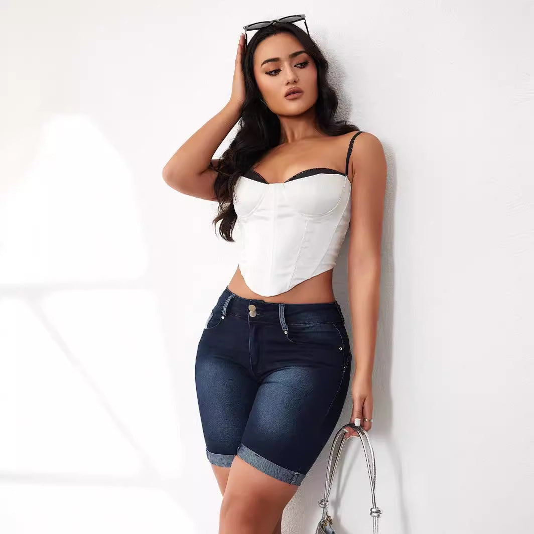 Dame Denim-shorts med afslappet opsvinget søm og høj talje Stilla