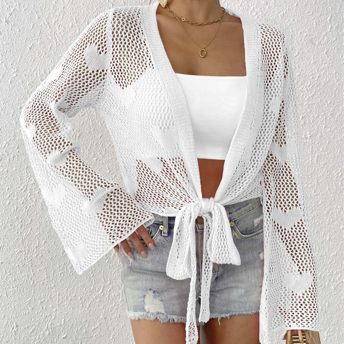 Dame Åben Strik Strandcardigan med Bindebånd Stilla