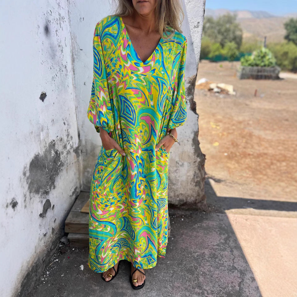 Stilla | Elegant Kvinders Forår Sommer Print V-Hals Kjole