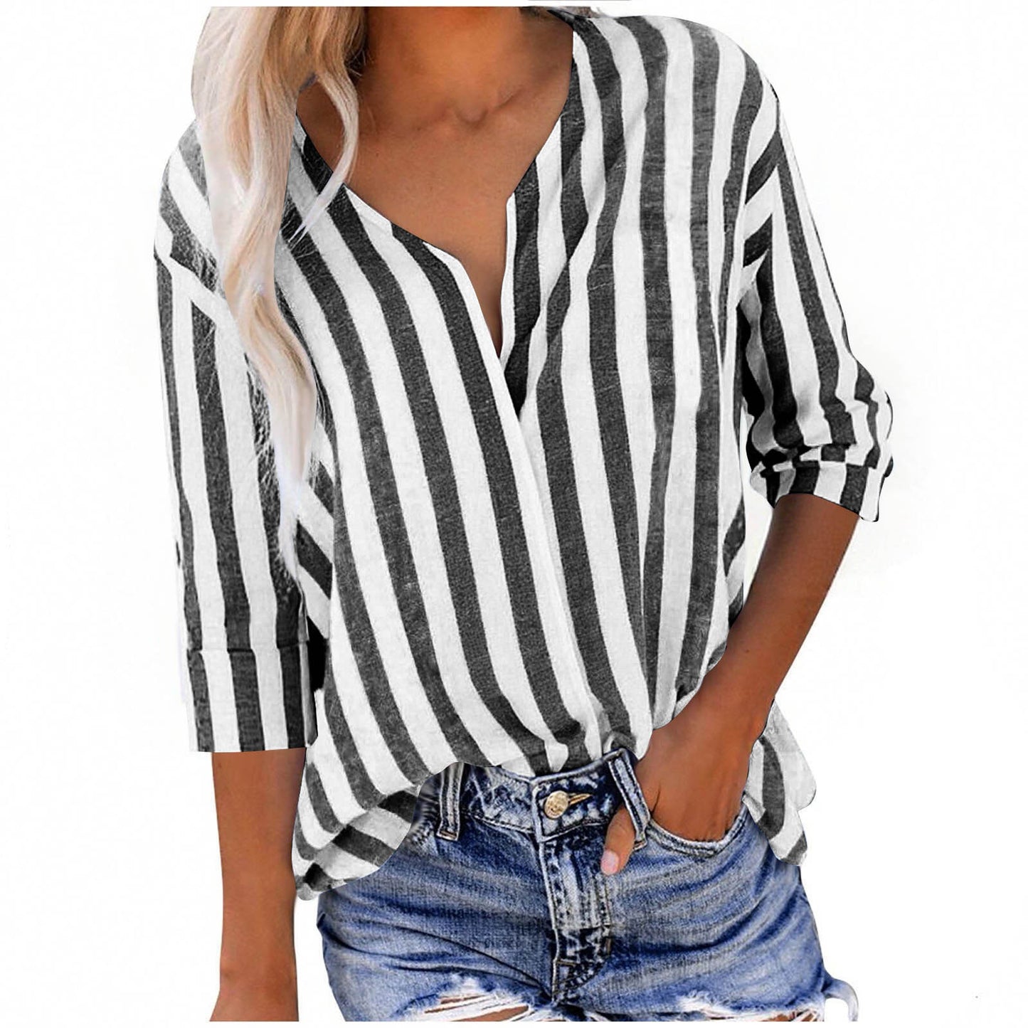 Dame afslappet linnedbluse med stribemønster og 3/4-ærmer Stilla