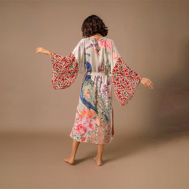 Dame elegant Kimono-Style Morgenkåbe med blomstermotiv Stilla