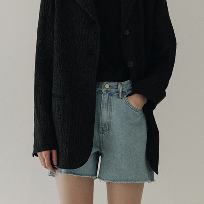 Dame Denim Shorts med høj talje og frynset kant Stilla